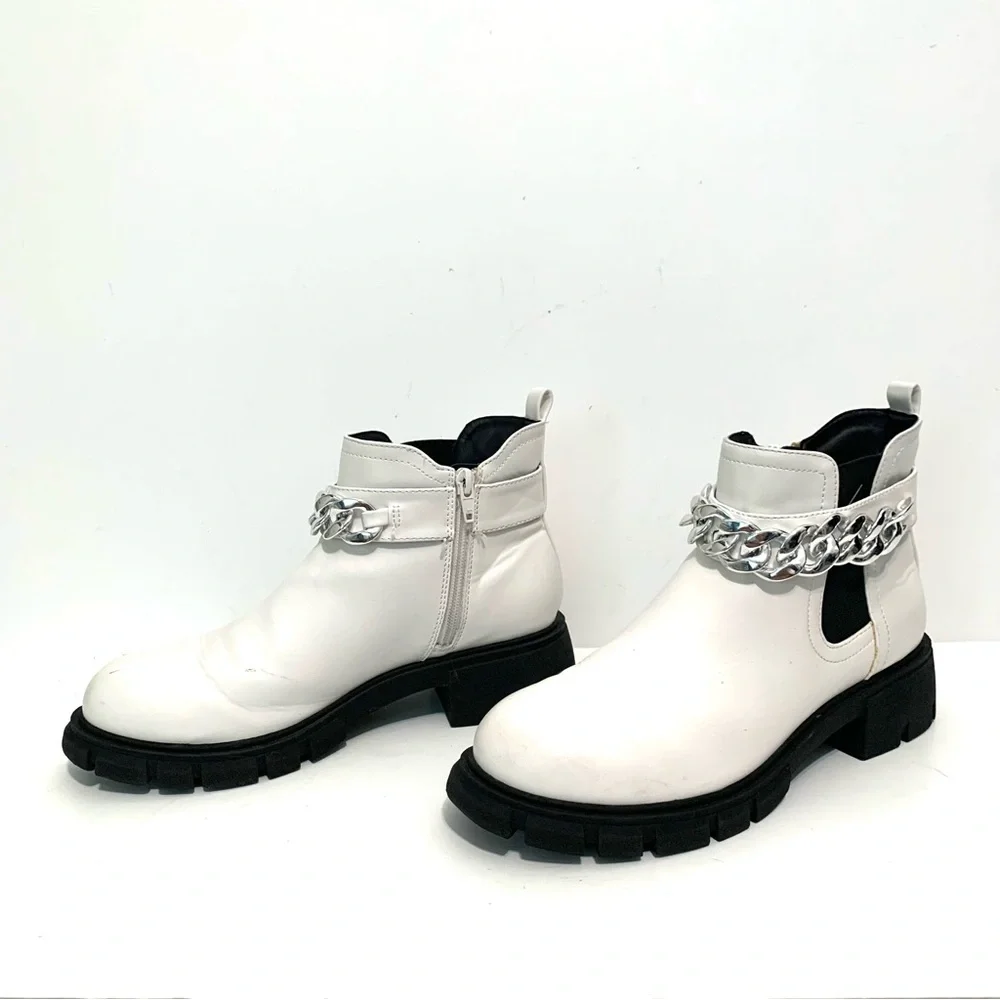 Wonder Nation Big Girls’ White Faux Leather Chain Combat Ankle Boots Size 6